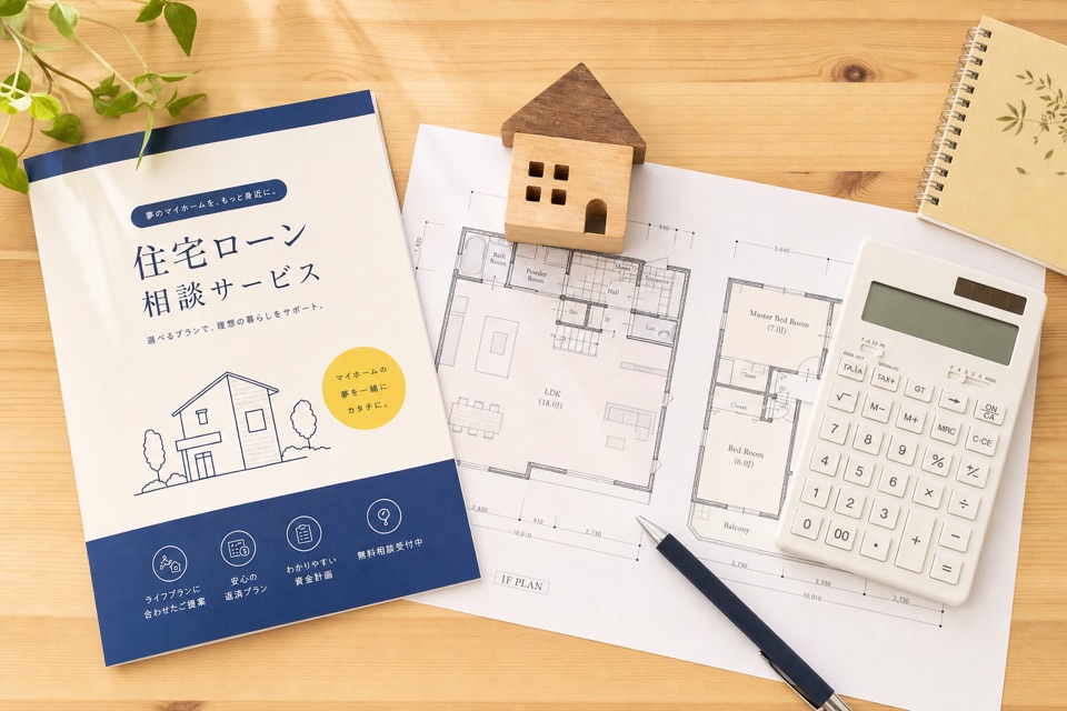 住宅の模型と間取り図、計算機を並べたイメージ